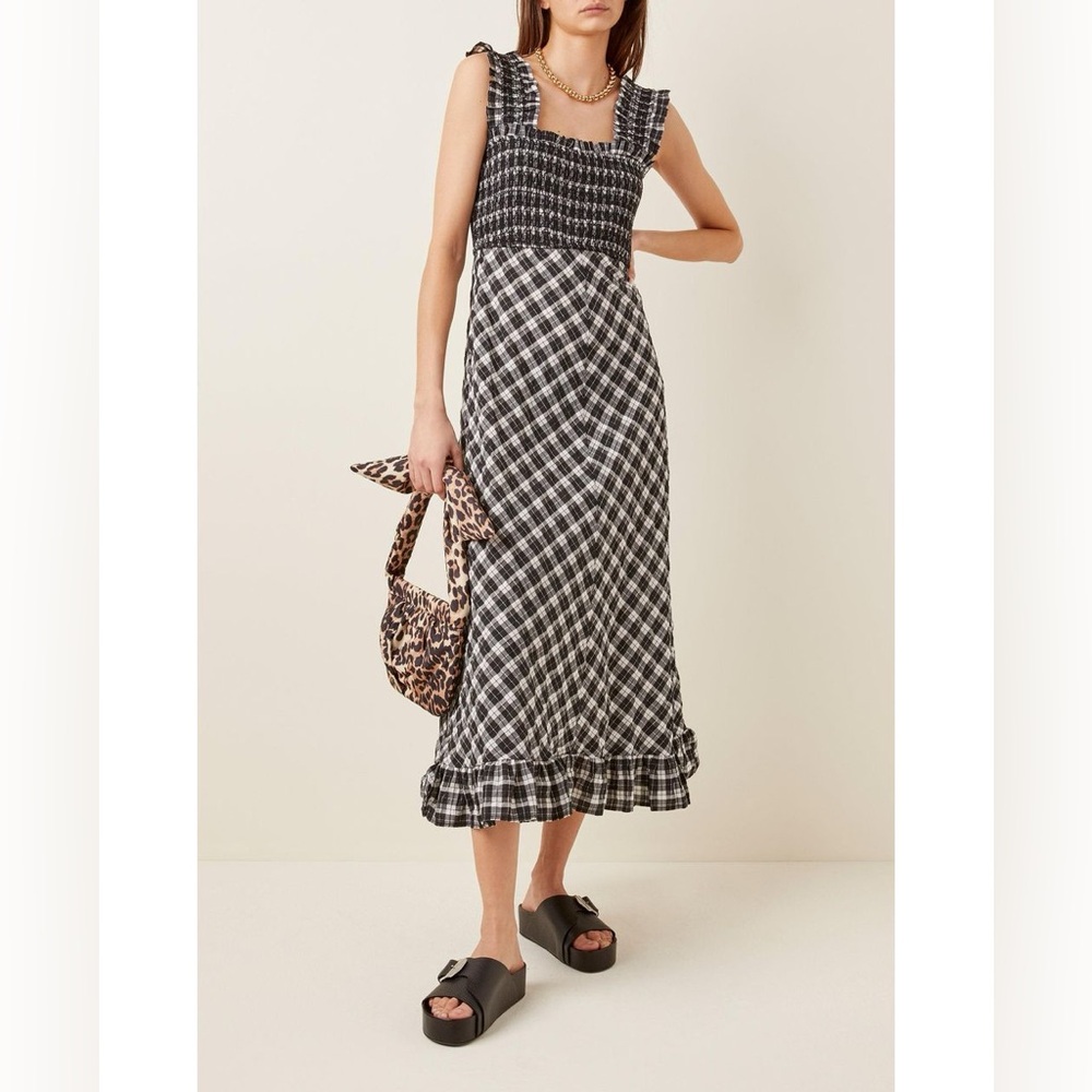 Ganni Black and White Maxi Dress with Smocked Bodice